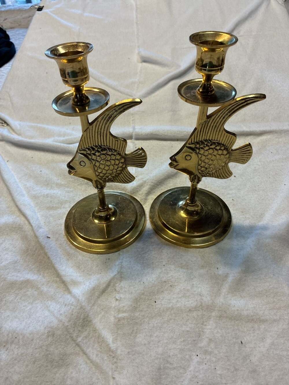 Vintage Raj Lacquered Brass Fish Candlestick Holders Set of 2